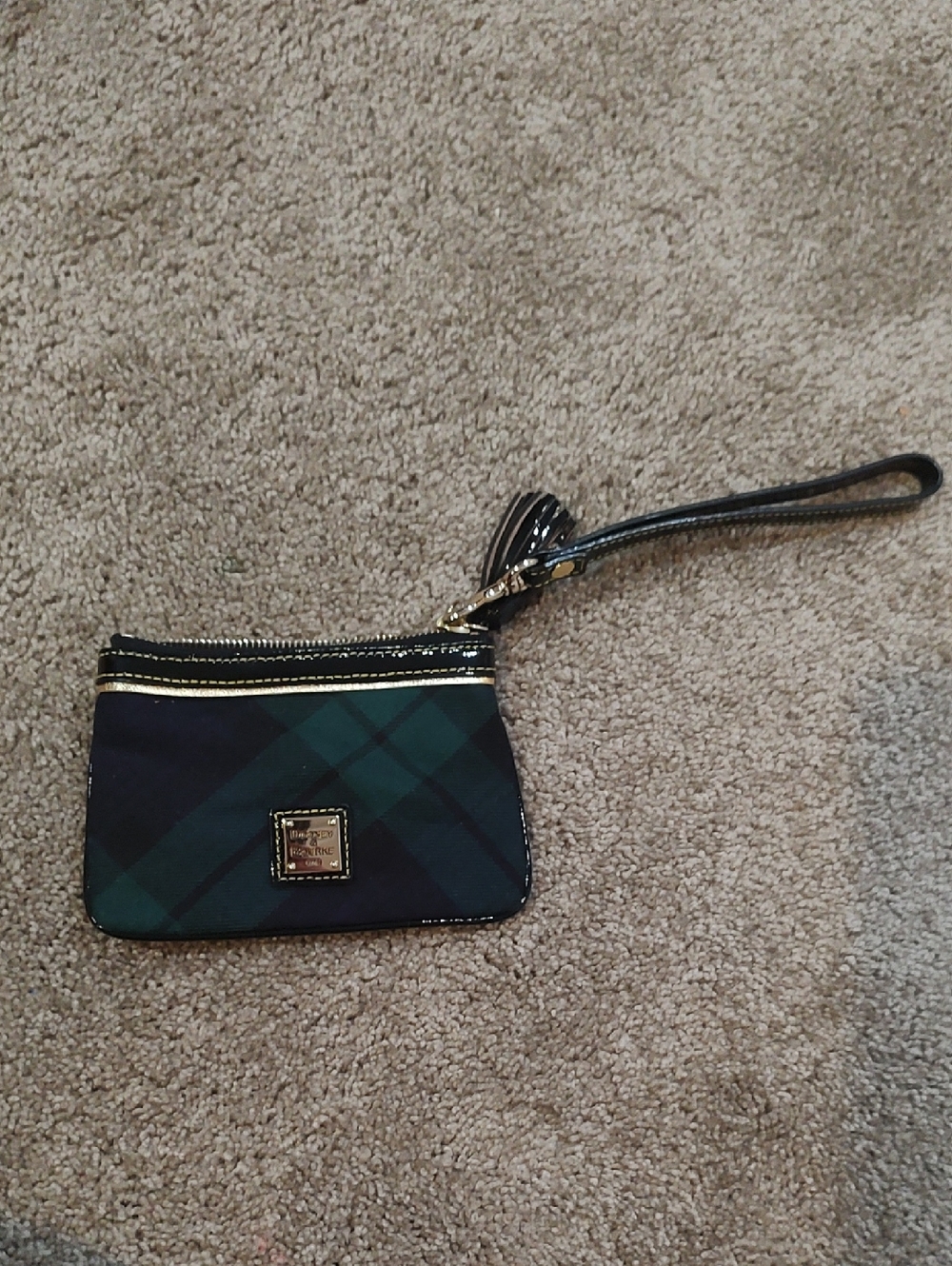 Dooney & Bourke Navy and Green Plaid Wristlet with Gold Trim